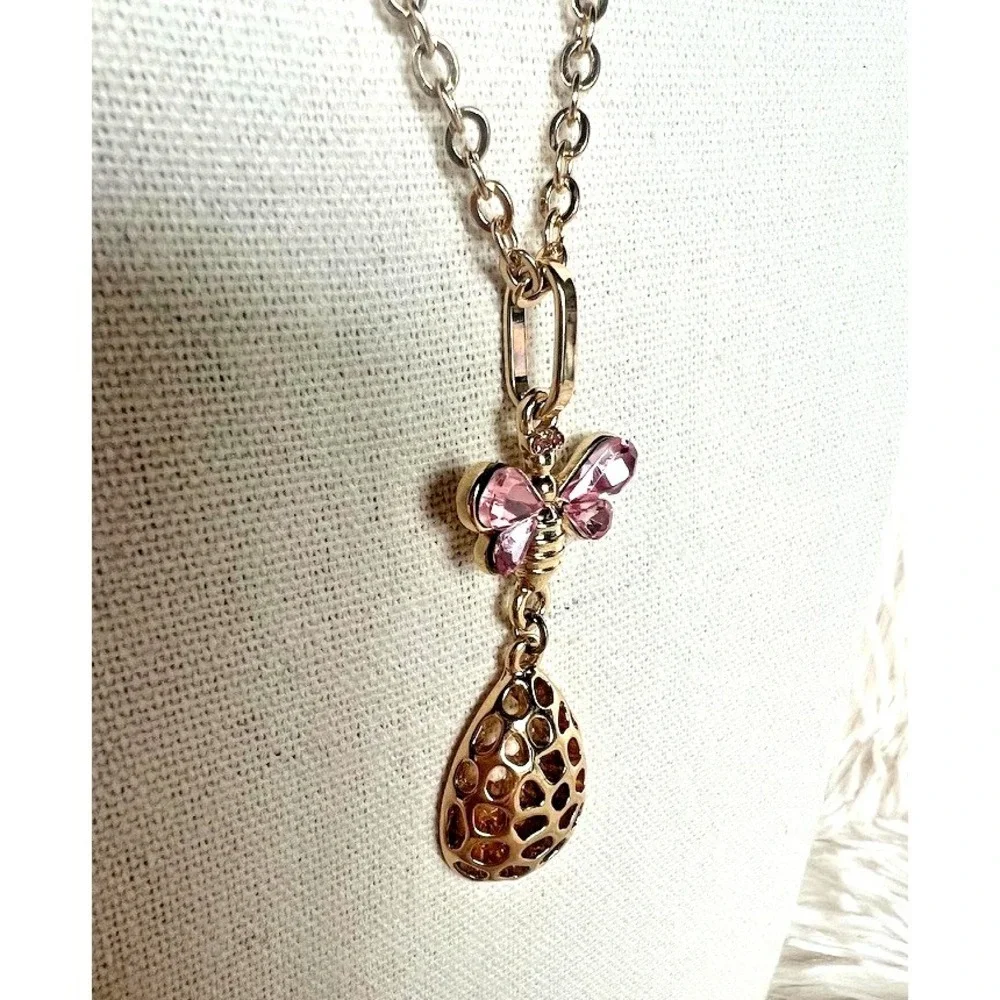 Catherine Malandrino Butterfly Necklace Pink Crystal Gold Feminine Romantic Soft